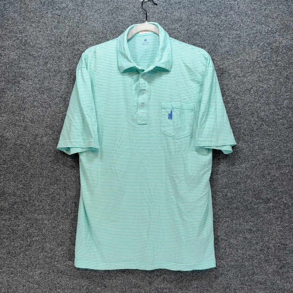 Johnnie-O Polo Shirt Mens Medium Green Striped Pocket Surfer Logo Golf Casual